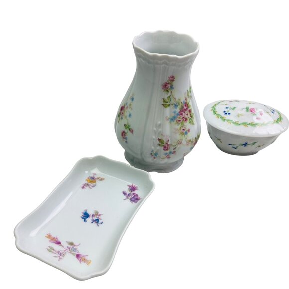 Vintage Haviland Limoges France Floral Porcelain Set - Vase, Tray, Trinket Box - Picture 2 of 13